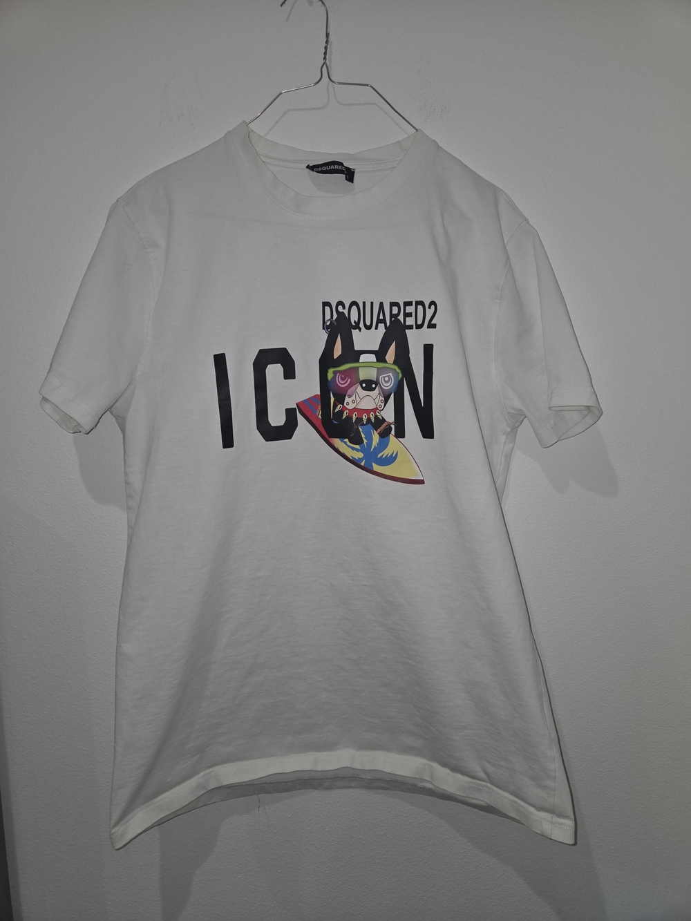 DSQUARED2 White Short-Sleeve ICON Tee with Multicolor Surf Graphic